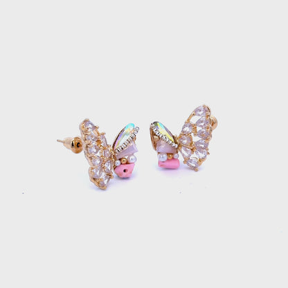 Gold Stud Earrings with Crystal Butterfly Design