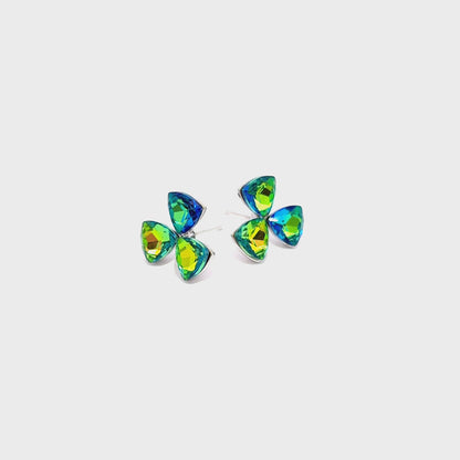 Silver Stud Earrings with Bluish Green Trillion Crystal