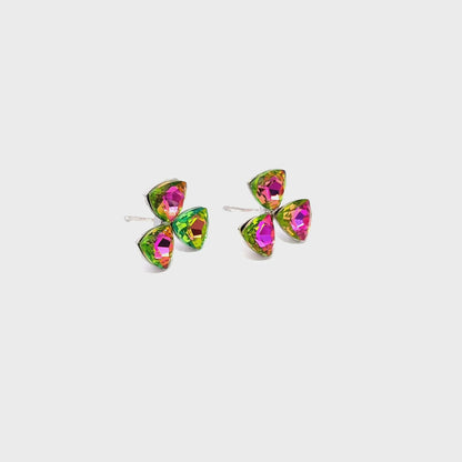 Silver Stud Earrings with Pinkish Green Trillion Crystal