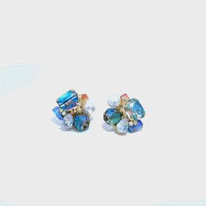 Gold Cluster Earrings with Round Cut Blue Crystal